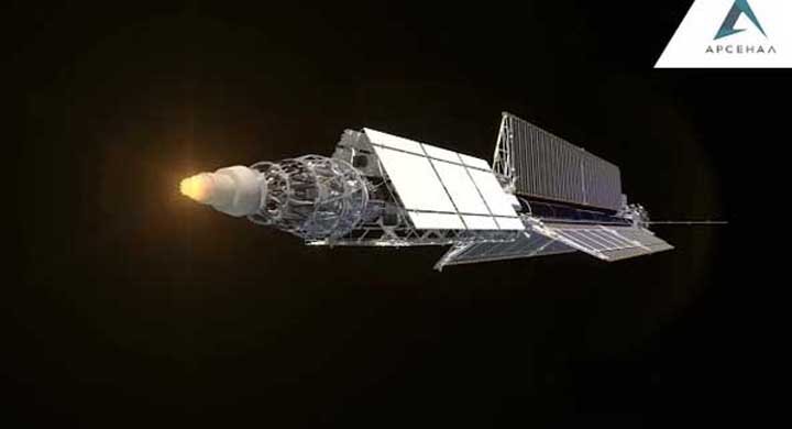 Светящийся конец — сам реактор. Длина всей конструкции примерно с 10-этажный дом. Кадр из видео от КБ «Арсенал»