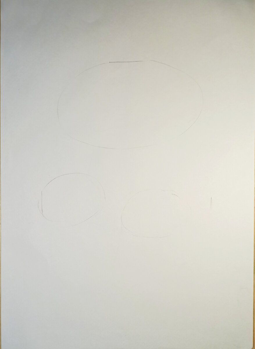 Шляпки вписываются в овалы, рисуем один овал побольше, два поменьше.