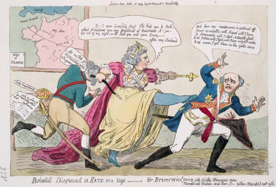 Екатерина II пытается помочь Франции и в то же время делит Польшу, английская карикатура 1792 года