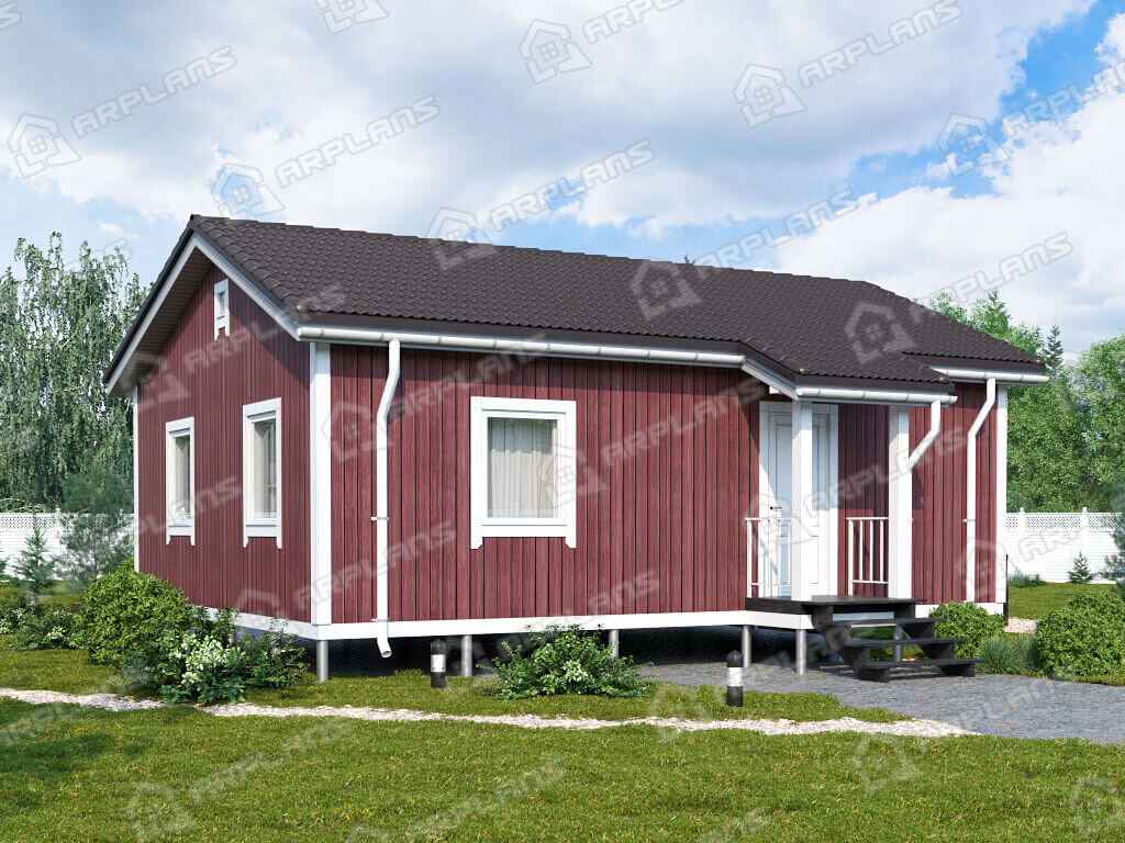 Фото 1 одноэтажного каркасного дома с 2 спальнями и патио. 60 кв м. Источник arplans.ru Проект И-093 