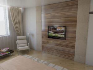 Ламинат на стене в нише под телевизор