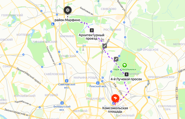 Маршрут от Комсомольской до Владыкино через парк Сокольники и ВДНХ