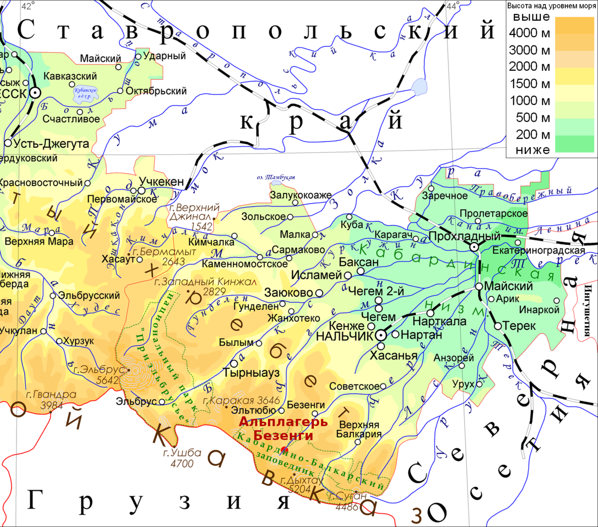 Альплагерь Безенги на карте Кабардино-Балкарии. Источник исходного изображения - Яндекс-Картинки