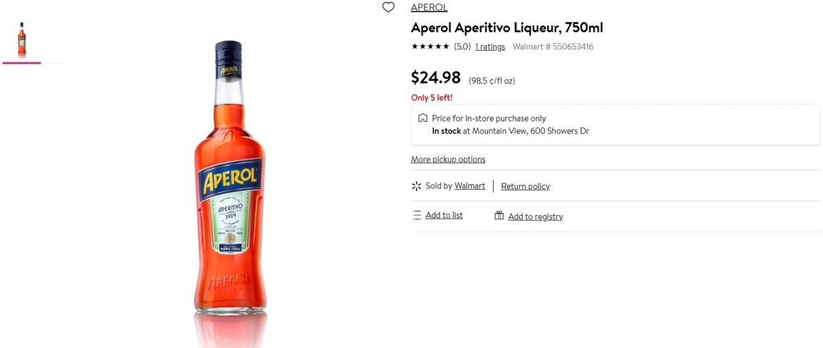 Скриншот с сайта https://www.walmart.com/ip/Aperol-Aperitivo-Liqueur-750-mL/163504086