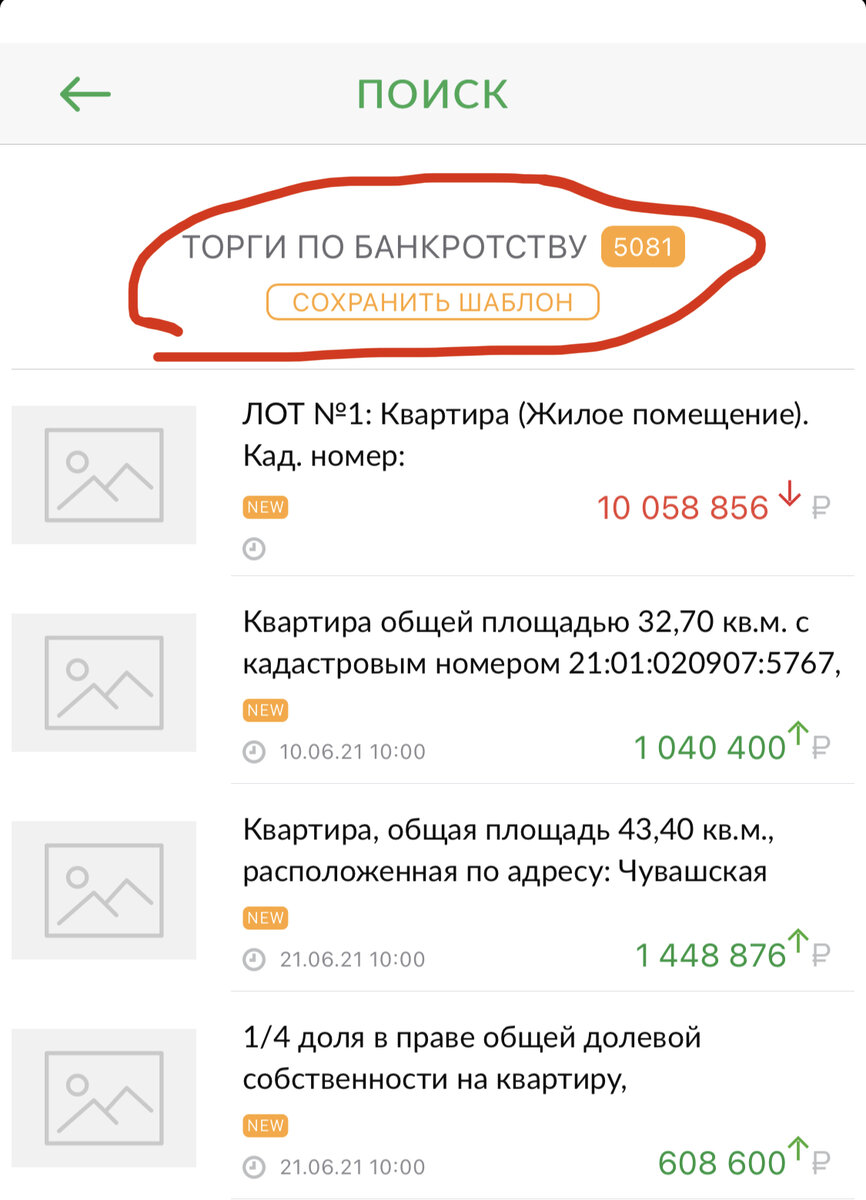 Скрин с агрегатора по поиску лотов Tbankrot.Ru