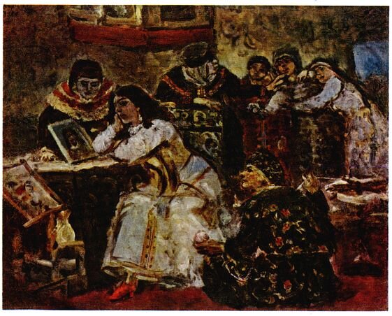 Ксению Годунову обычно изображают яркой брюнеткой (картина Василия Сурикова "Царевна Ксения Годунова у портрета умершего жениха-королевича» (1881)