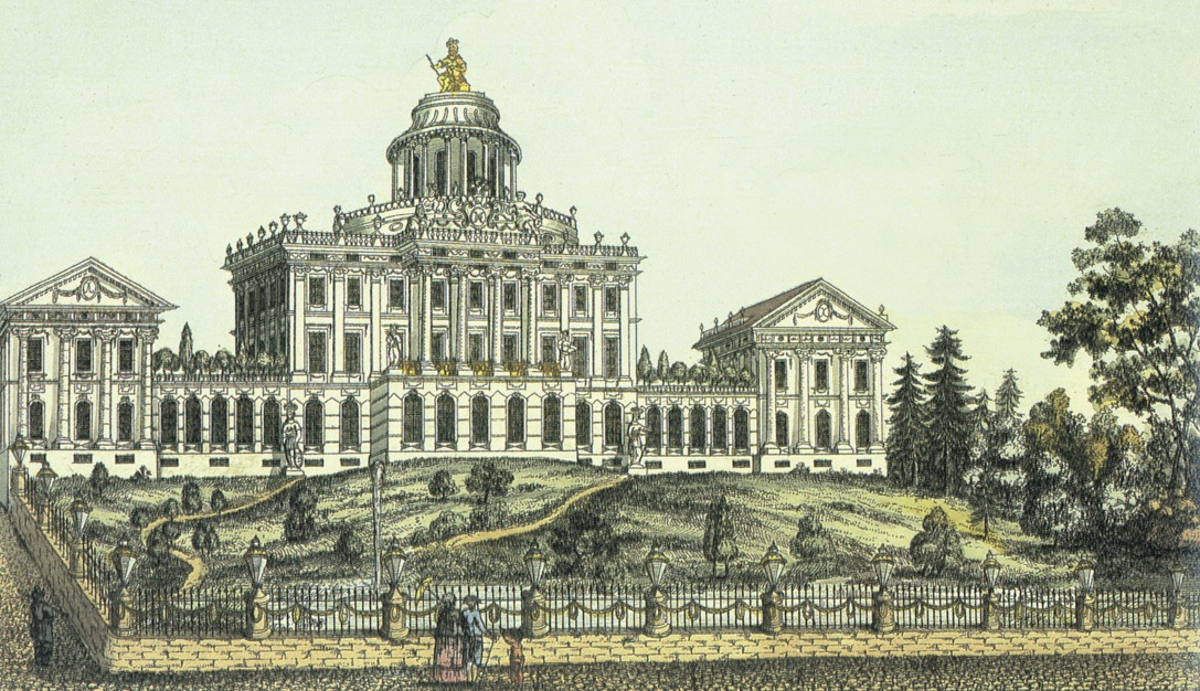 «Пашков дом в Москве». Офорт (раскрашен акварелью) Ф. Дюрфельдта (по рисунку Ф. Антинга, 1785–86). Нач. 1790-х гг. Исторический музей (Москва), взято с сайта https://bigenc.ru