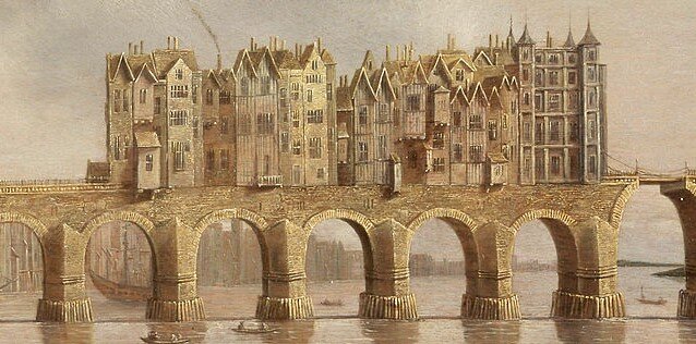 Деталь Старого Лондонского моста на картине маслом 1632 года "Вид на Лондонский мост" Клода де Йонга, хранится в Йельском центре британского искусства