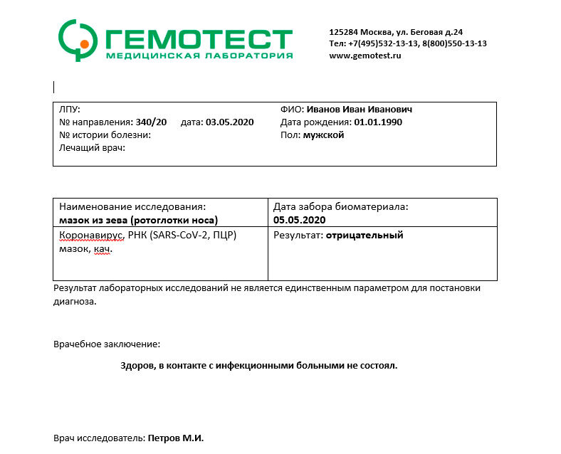 Справка об отсутствии ковида образец