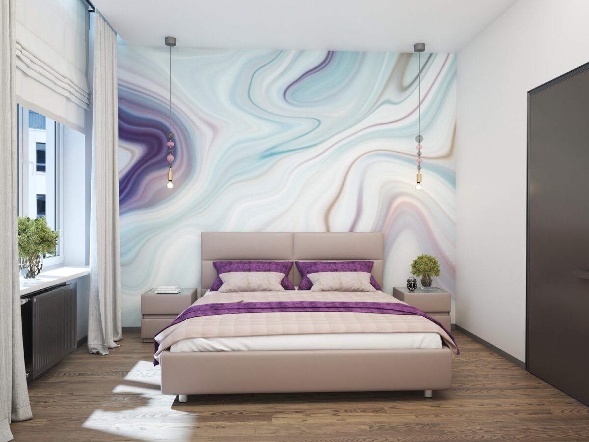 Эскиз небольшой спальни с фотообоями Лунный мрамор. Больше фиолетового. Дизайнеры Андрей и Екатерина Андреевы.