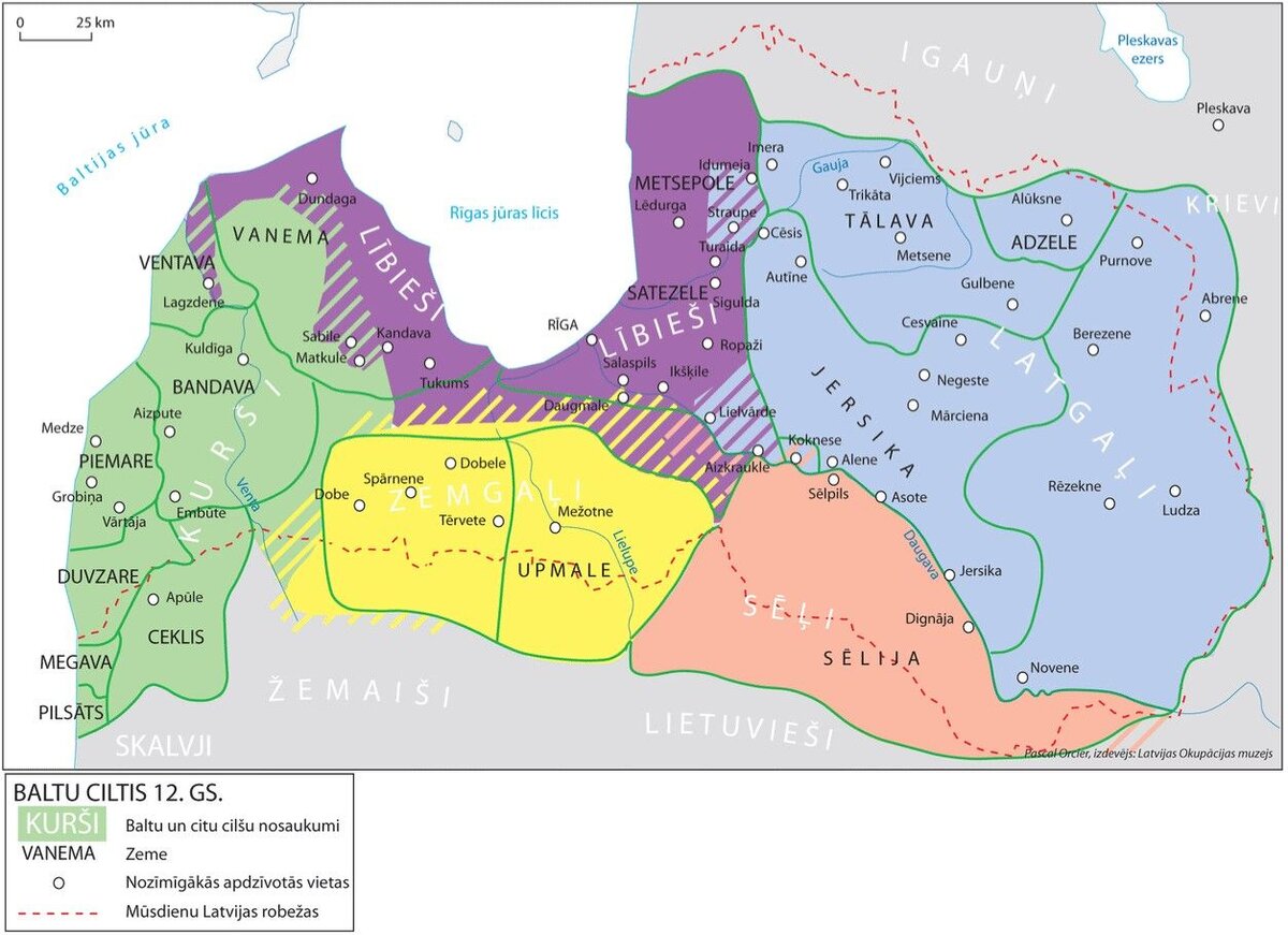 На этой карте (составлена Паскалем Орсье, издано Латвийским музеем оккупации, взято с pinterest.ru) вообще много интересного. К примеру, область Ванемаа на севере Куршского полуострова: дело в том, что угро-финны не делали различия между балтами и славянами, называя их дружно "вене", "вана". Ванемаа - это "земля балто-славян" :) Пиемаре - это Поморье, которое имеется и у поляков (Поможе), и на севере Германии (Поммерн, Померания), и... у Белого моря. Ну и так далее...