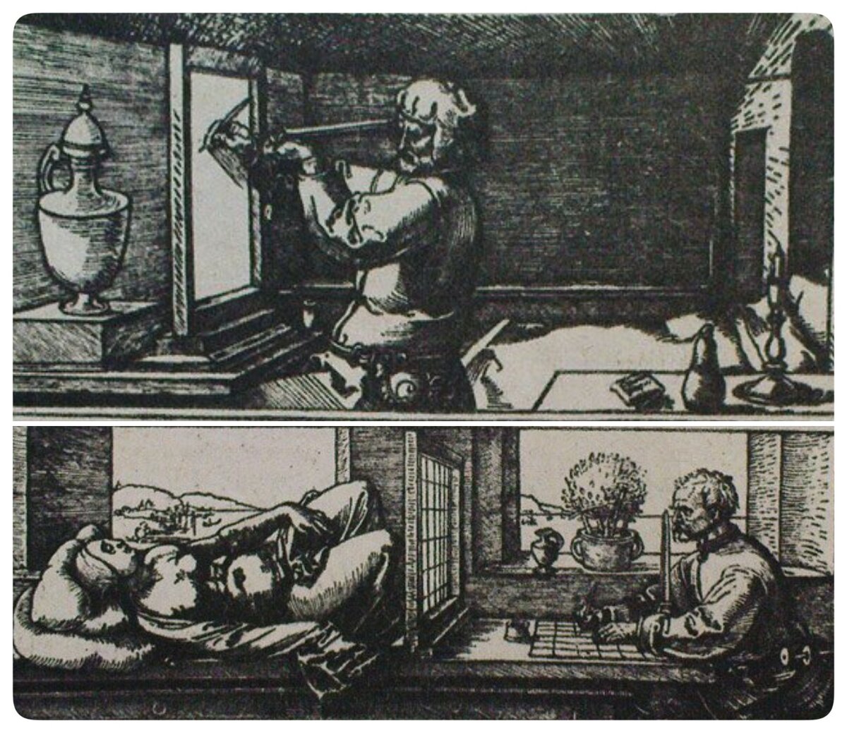 Иллюстрация «Перспективная машина» опубликована в «Руководстве художника» Альбрехта Дюрера, 1525