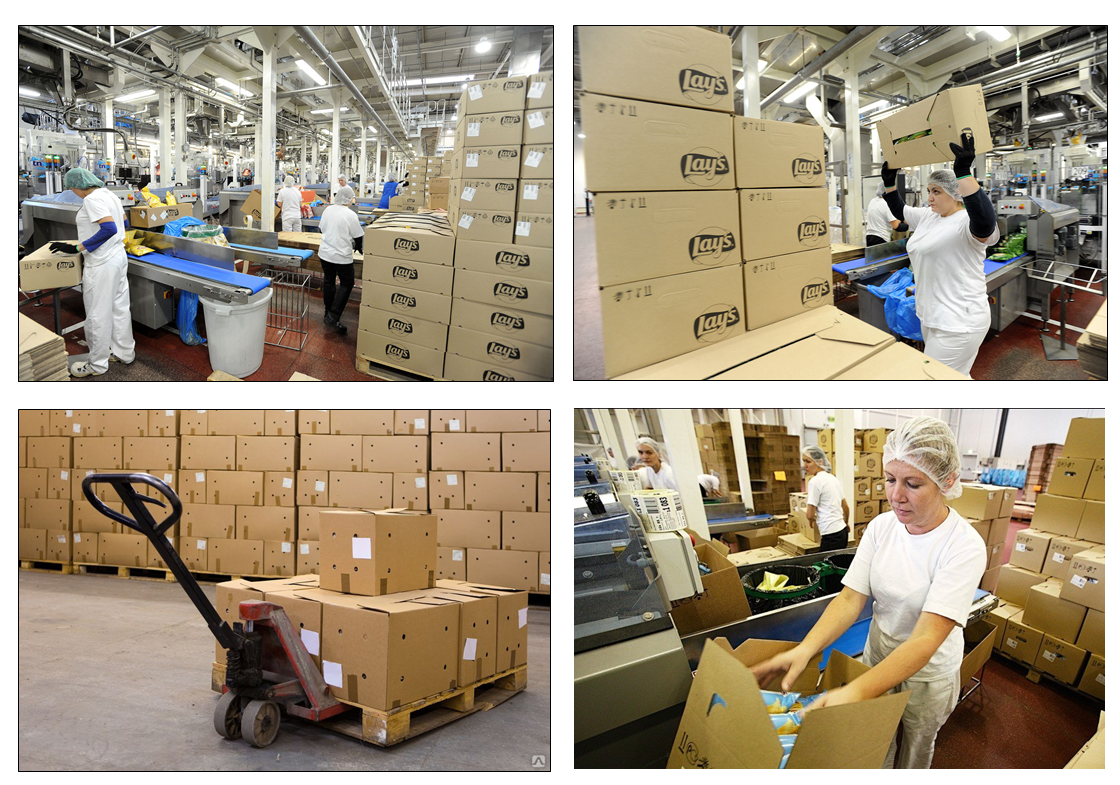 Пример цеха упаковки ДО автоматизации занятый персоналом, готовой продукцией и заготовками пустых коробов.