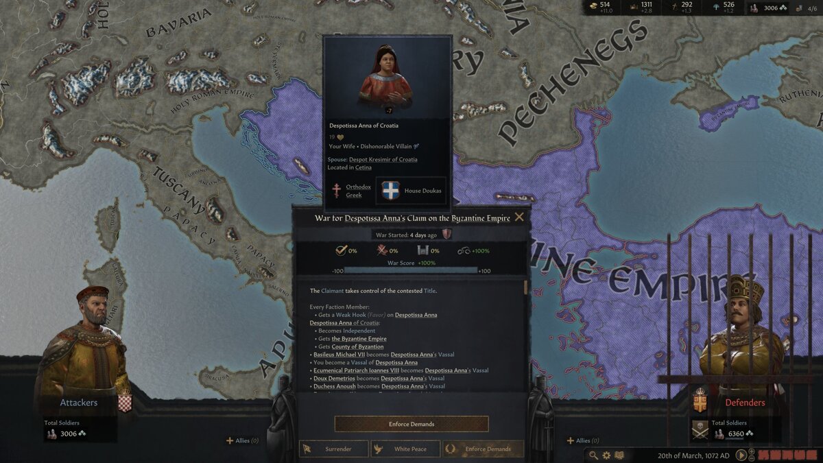 На картинке игрок выдвигает требования при наличии 100 "военных очков" которые он получил взяв в плен вражеского правителя . Потратить эти очки , как и в СК2 правитель может строго на цель войны, захват за одну войну больших территорий чем предполагалось невозможен, как и захват вражеских земель в оборонительных войнах. Изображение найдено в интернете.