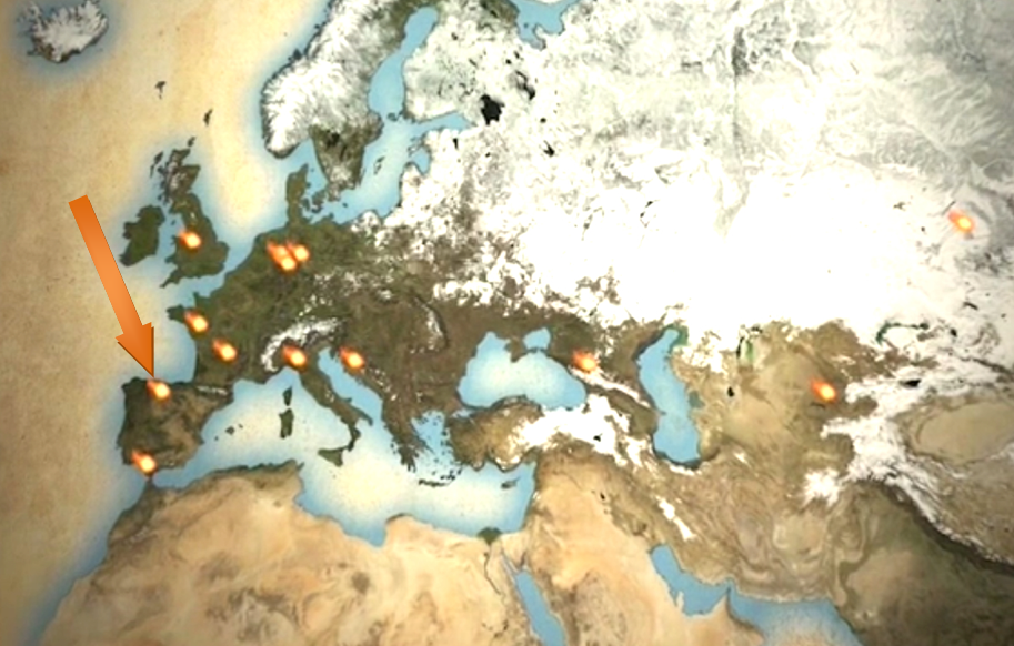Расположение известных мест обитания неандертальцев на карте Европы (Система Эль-Сидрон отмечена стрелкой).