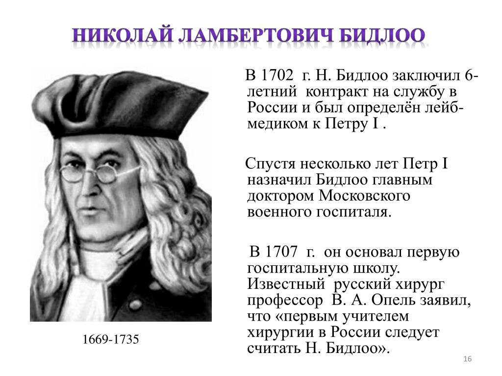 Врач петра 1. Николас Бидлоо. Николая Бидлоо (1670-1735).