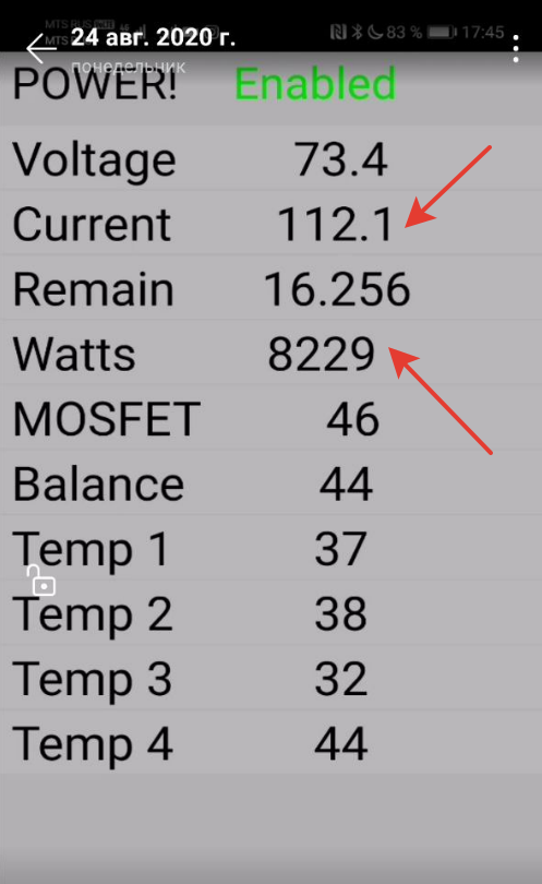 Второй вариант отображения. Информацию легче увидеть в движении, потому что всё достаточно крупно. Здесь в реальном времени показана мощность, сила тока,вольтаж,ёмкость,температура внутри АКБ с 4х датчиков.