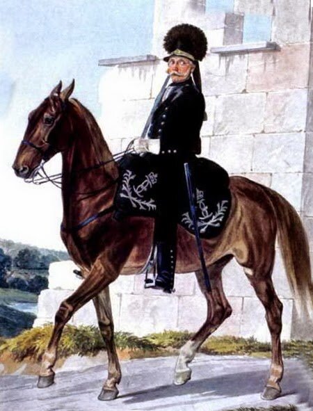 Всего  179 человек и 150 лошадей... В конно-егерском полку числились: 1  генерал, 5 штаб-офицеров, 54 обер-офицера. 70 унтер- офицеров, 60  капралов, 1480 рядовых, 2 литаврщика, 20 трубачей, 43 нестроевых, 47  мастеровых, 56 извозчиков; всего 1838 человек и 1565 лошадей. Кроме  того, в полку полагались: аудитор, лекарь, подлекарь, священник,  берейтор и коновалы (из иностранцев) При двухшереножном строе, введенным  в русской кавалерии Румянцевым в 1774 г., во взводах полагалось иметь  17 рядов, но практически было не более 10.