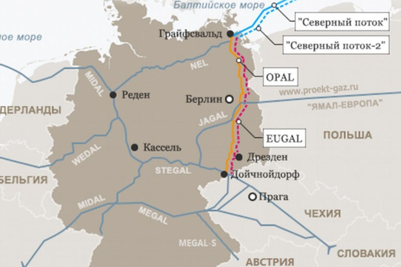 карта газопроводов "Северный поток-1" и "Северный поток-2"