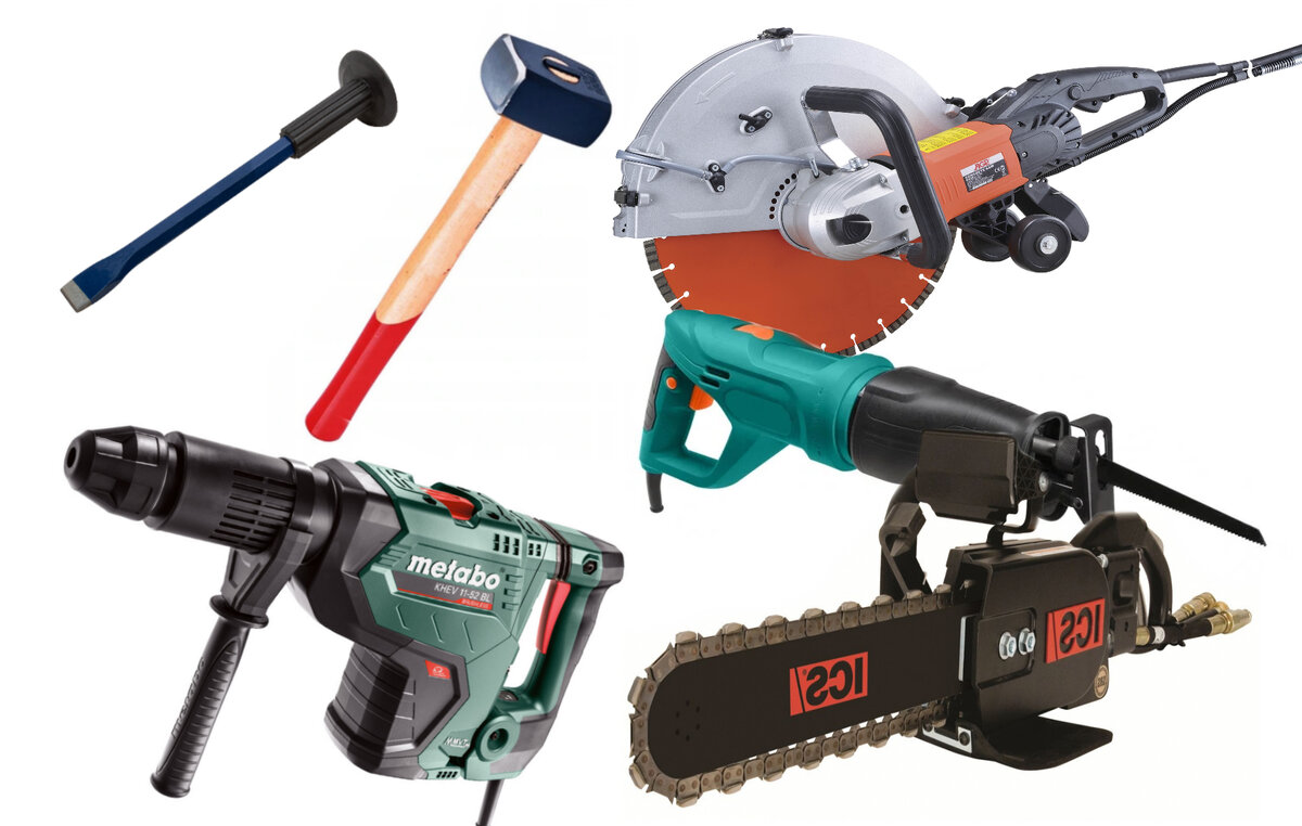 Инструменты способных резать каменные стены для устройства проемов: зубило с молотком, ниже перфоратор, справа пилы: дисковая, сабельная и цепная