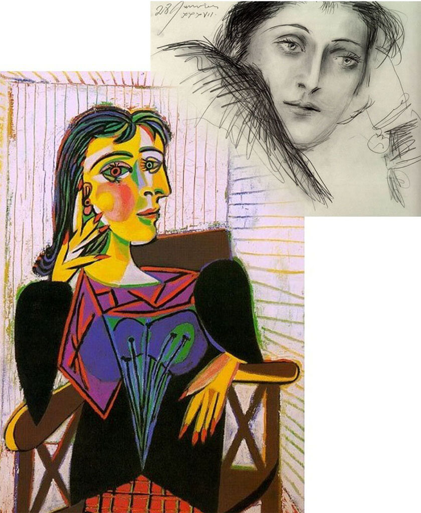 Монтаж автора, знаменитый портрет Доры работы Пикассо и эскизный рисунок его же безо всяких изысков - какое лицо... Дора Маар (фр. Dora Maar, настоящее имя Генриетта Теодора Маркович, Henriette Theodora Markovitch, 22 ноября 1907, Тур — 16 июля 1997, Париж)