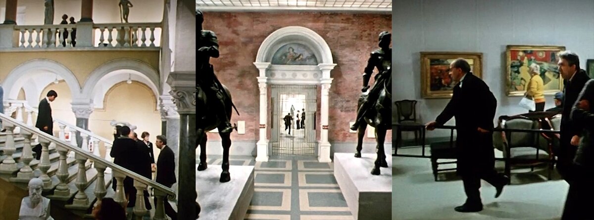 Слева - лестница в здании журфака МГУ, посередине - музей им. А. С. Пушкина, справа - декорации, созданные в павильоне