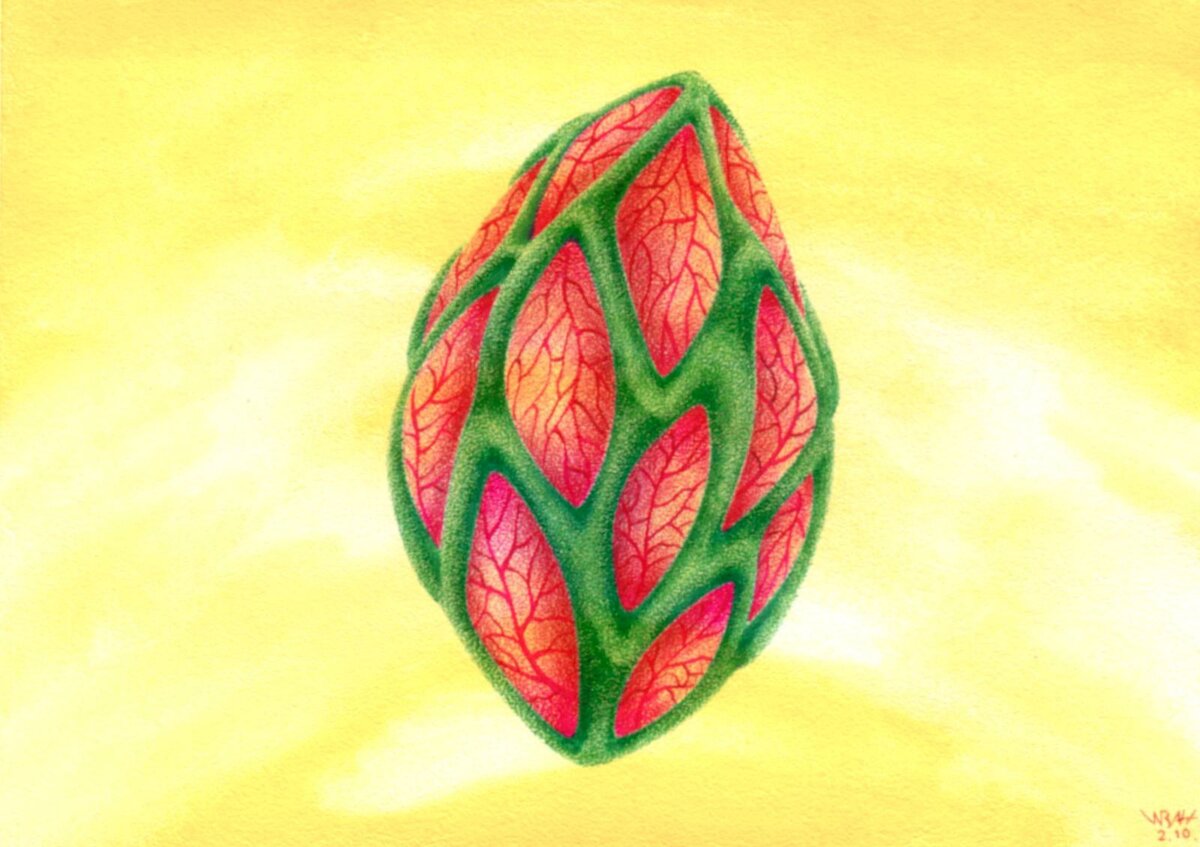 Биовселенная Надежда. Бумага «яичная скорлупа», гуашь, шариковые ручки. Размер 10х15 см. 2005 г.