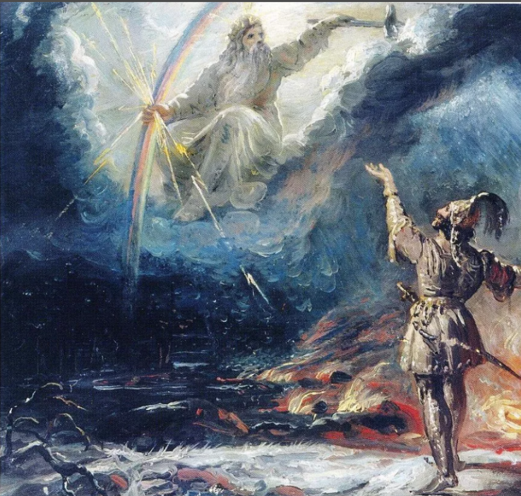 Лемминкяйнен молит Укко о помощи.