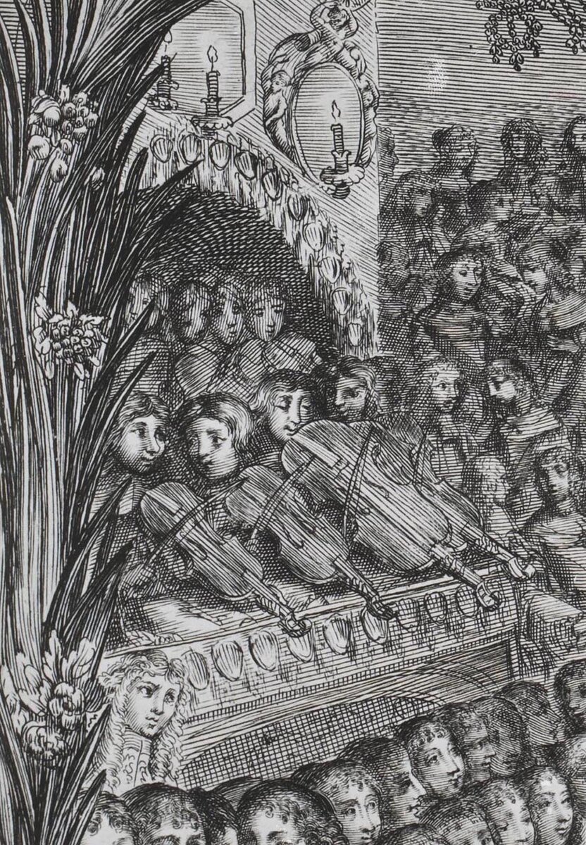 «Музыканты на королевском пире в Версале» (фрагмент гравюры из придворного альманаха 1669 года)