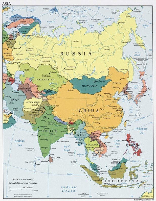 Россия и Китай на карте Евразии