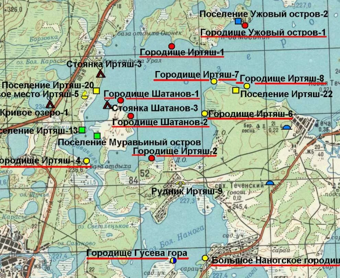 на карте отмечены все места стоянок и городищ, найденные археологами