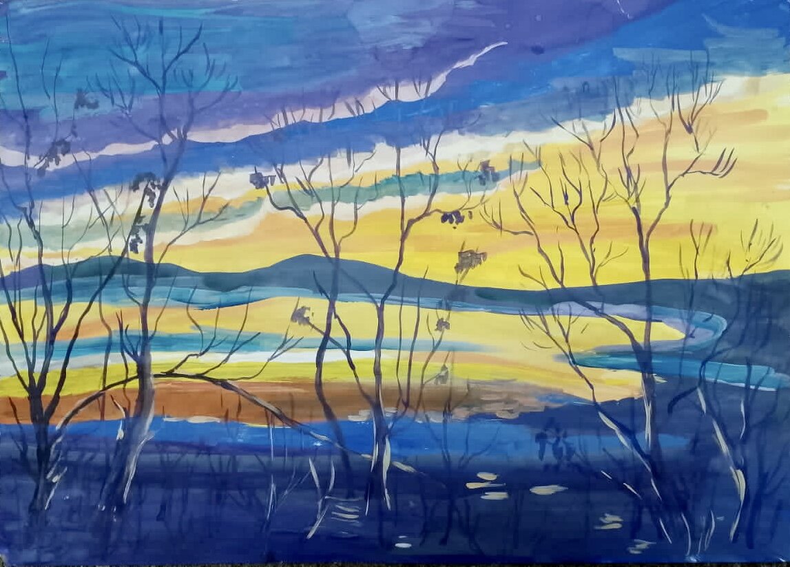 Сидорова Арина, 10 лет. «холодный октябрь» Живопись, пейзаж. МБОУ СОШ с.Калинка 