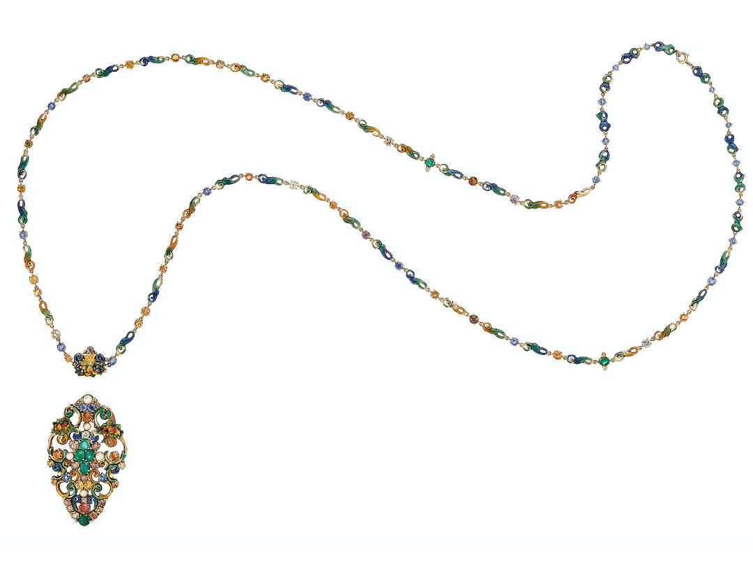 Л.К. Тиффани, ожерелье с драгоценными бриллиантами, эмалями полудрагоценными камнями и жемчугом, 1920г.