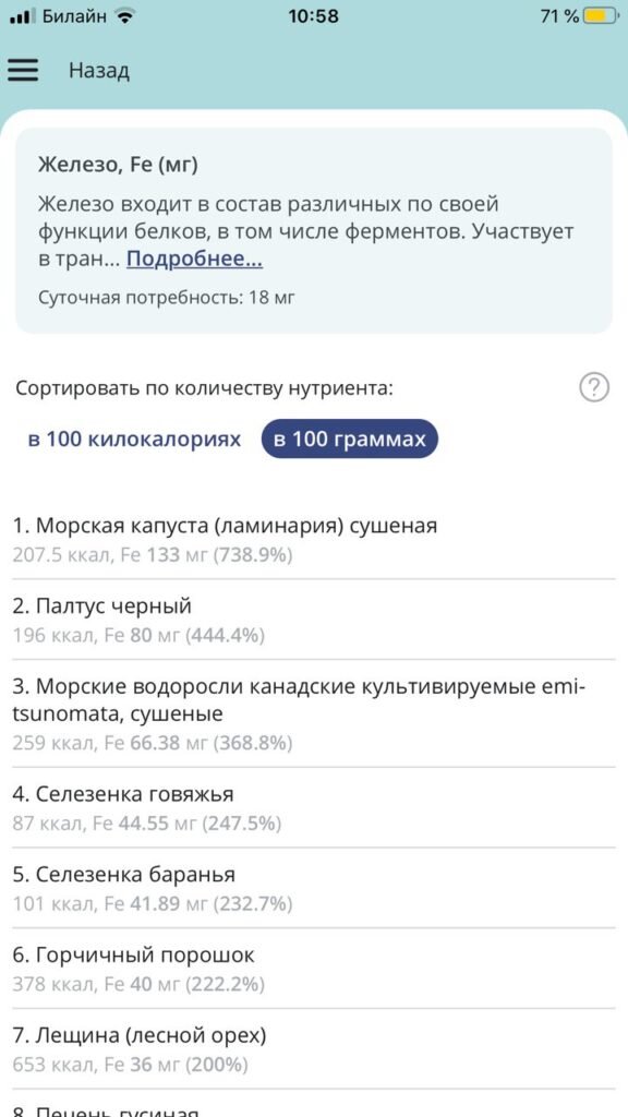 Например, если у вас не хватает в питании железа, можно отсортировать всю базу продуктов по содержанию в них железа на 100 г (или на 100 ккал) и посмотреть, что лучше всего добавить в рацион.