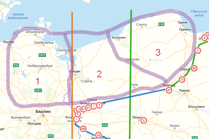 Померания: "2" и "3"- зона действия Жукова и Рокоссовского соответственно, в ходе Восточно-Померанской операции, "1" - зона Рокоссовского в Берлинской операции. источник: https://zen.yandex.ru/media/id/5ea702cf8e079d5083ec6e62/k-76letiiu-pobedy-kolbergskaia-operaciia-600db97727eccf7f00e2922a