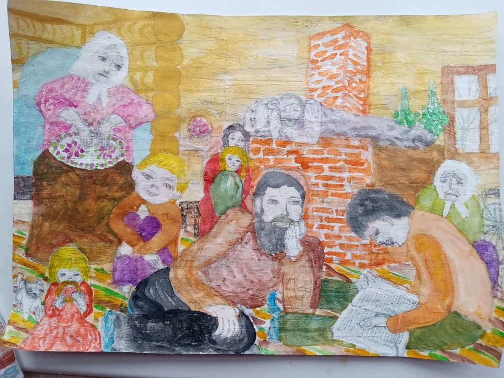 Вся семья у печи собиралась. Всем хватало тепла. Рисунок Галины Алексеевой