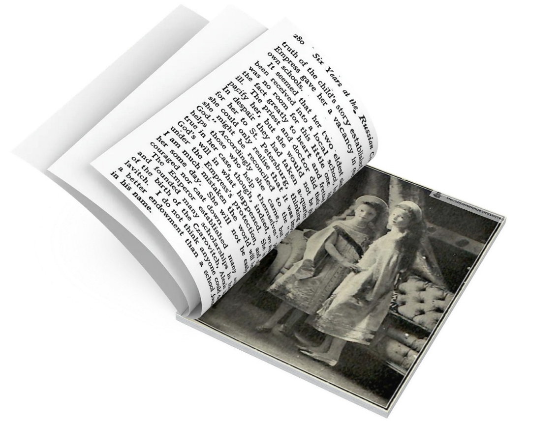 Разворот книги с фотографией великих княжон в робах на крещении цесаревича Алексея.