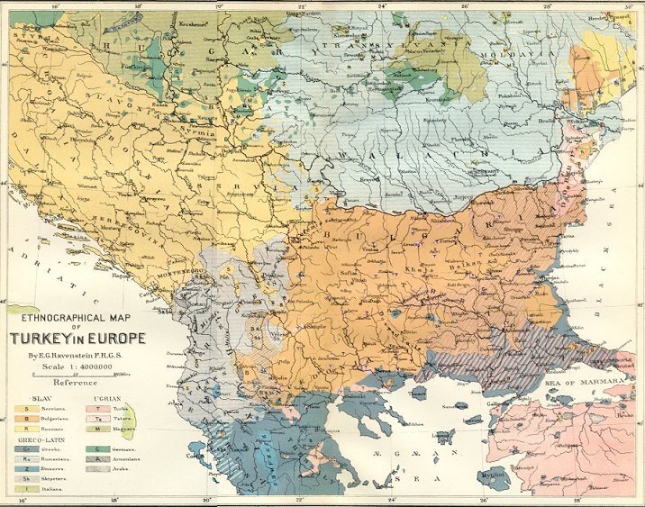 Fig. 2. 1870 Ethnic composition map of the Balkans by the German-English cartographer Ernst Georg Ravenstein.