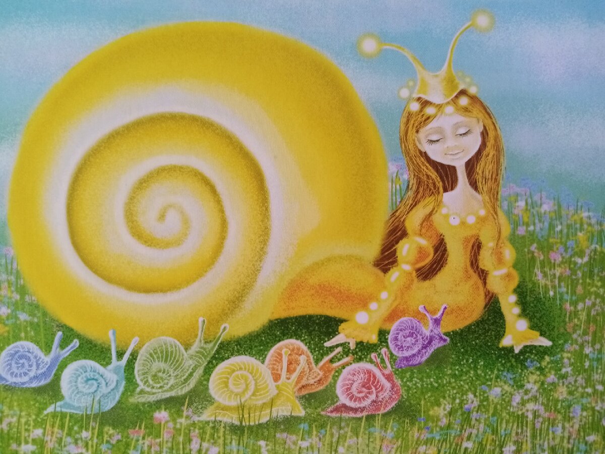 Открытки Натальи Анурченковой хорошо поднимают настроение, уже проверено нами)) Пора бы по её сюжетам сделать "Имаджинариум"! Это, наверное, Улитка Солнца и её детки - радужные капельки росы