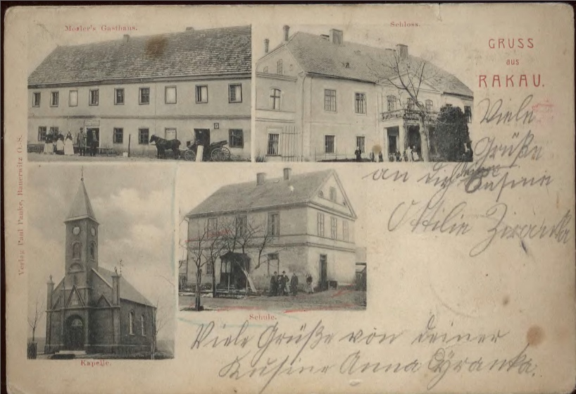 Старый Раков на немецкой открытке 1905 года. Гостиница Мослера, особняк, каплица и школа. Фото: sun9-18.userapi.com