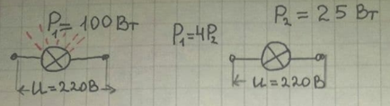 Две лампы разной мощности 100 Вт и 25 Вт