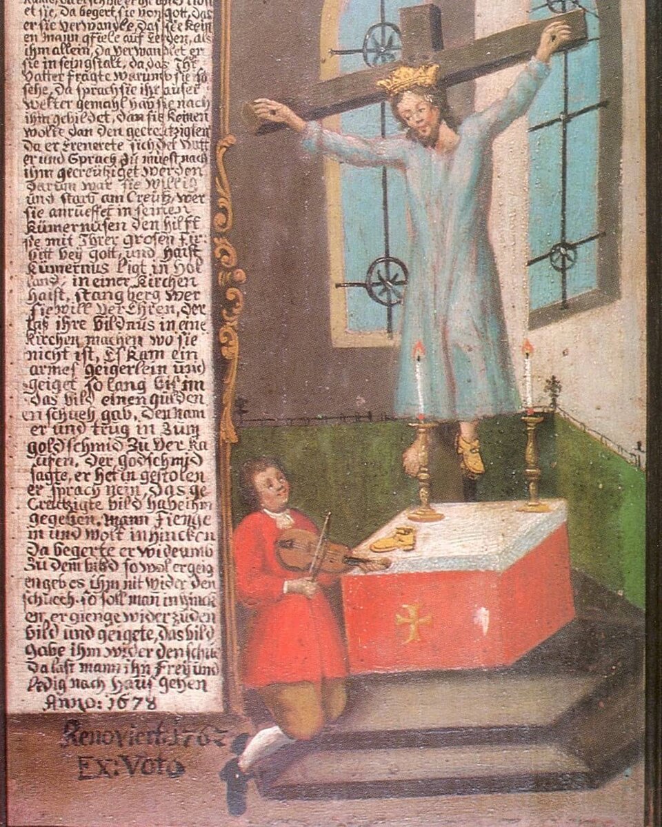 Святая Вильгефортис, миниатюра 1678 года, музей Швабище-Гмюнд, Германия 