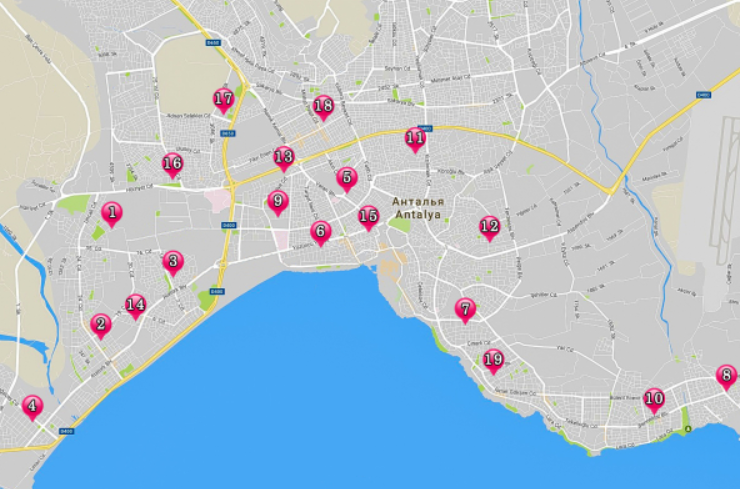 Карта анталии с районами на русском языке с отелями