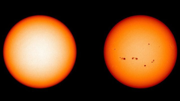Слева: спокойное солнце декабря 2019 года. Справа: солнечные пятна апреля 2014 года. Иллюстрация NASA/SDO.