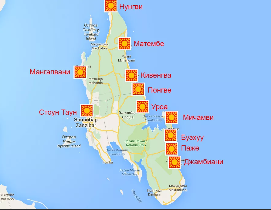 Занзибар на карте. Карта Занзибара с курортами. Пляжи Занзибара на карте острова. Занзибар карта острова с курортами.