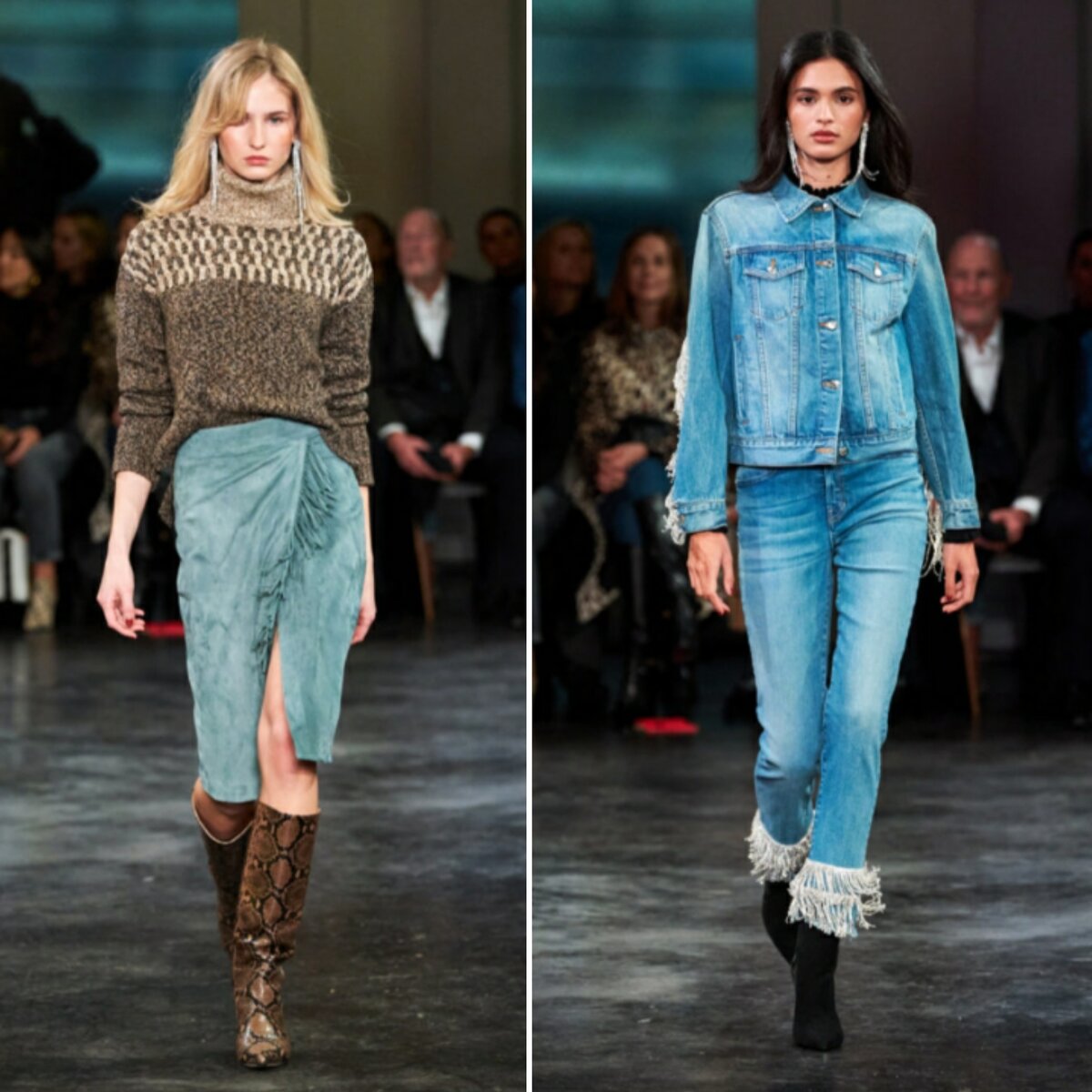 Бахрома на запахе юбки, на рукавах джинсовки, по низу джинсов.