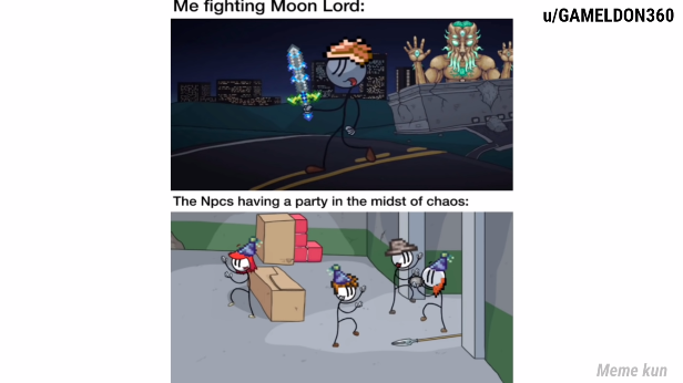 Я сражающийся с Лунным лордом. У НИПов вечеринка в центре хаоса.(Перевод вроде бы правильный)