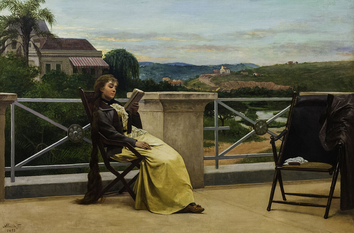 Читающие женщины - популярный сюжет картин художников XIX века. Эта милую девушку изобразил испанский художник Хосе Феррас де Алмейда Жуниор