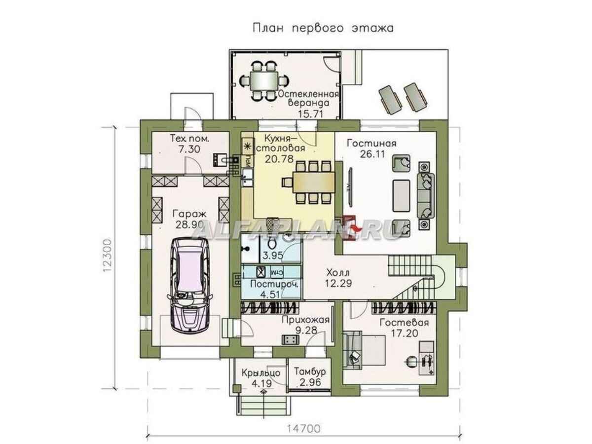 Планировка дома по проекту "Выбор" 548В  удобна и функциональна. На 1 этаже расположена светлая гостиная, примыкающая к ней кухня-столовая с выходом на застекленную террасу. В отдельном блоке - санузел с душевой и постирочная комната (или кладовая). Преимуществом проекта является гостевая комната (или спальня на 1 этаже.