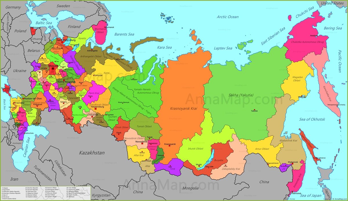 Карта россии с краями округами республиками областями и краями